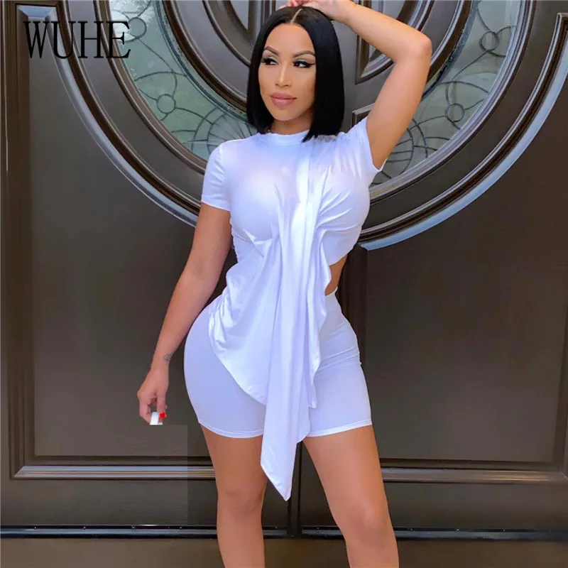 

WUHE Summer Two Piece Set Short Sleeve O Neck Irregular Hem Crop Top and Pants Casual Party Nightclub Sports Fitness Outfits
