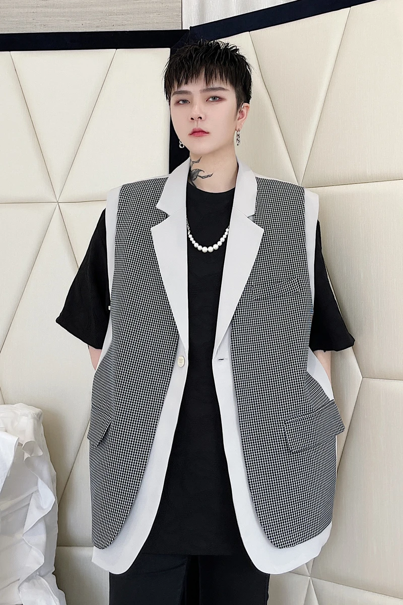 

IEFB Plaid Stitching Contrast Color Patchwork Fake Two Piece Design Men's Mid Length Vest Loose Tops 2021 Spring Summer New 6901