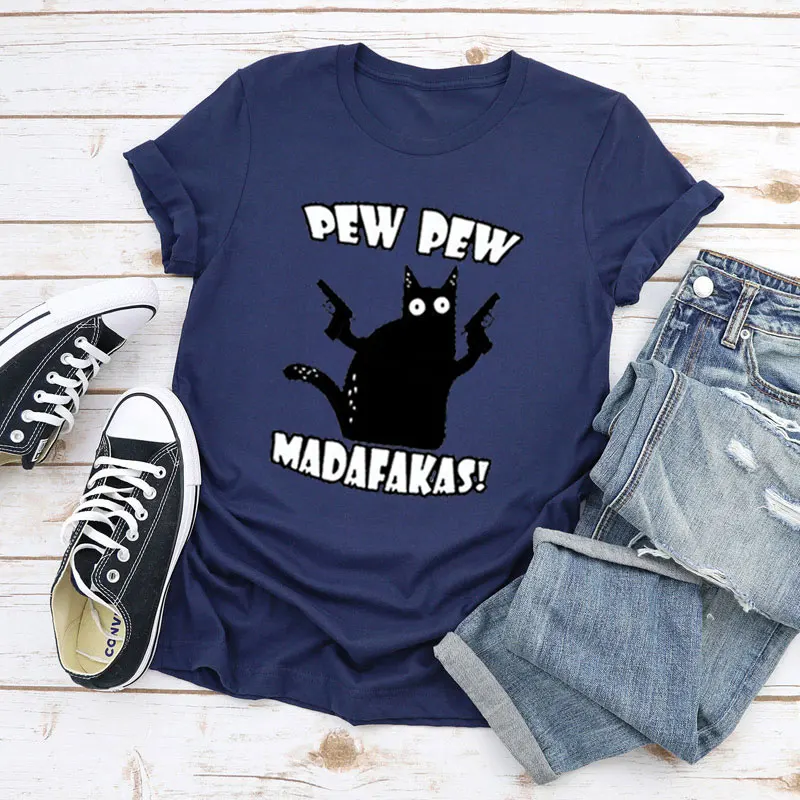 

2021 Funny Cat Pew Pew Madafakas Mens Funny Cat Graphic Men's 100% Cotton T-ShirtMens Streetwear Womens tees Gifts