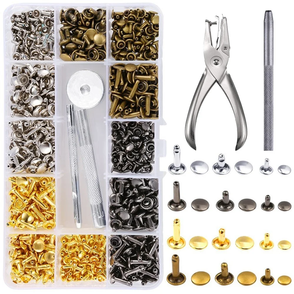

360 шт. кожаные заклепки 4 цвета двойные колпачки заклепки трубчатые металлические шпильки с перфоратором плоскогубцы для DIY кожаного ремесл...