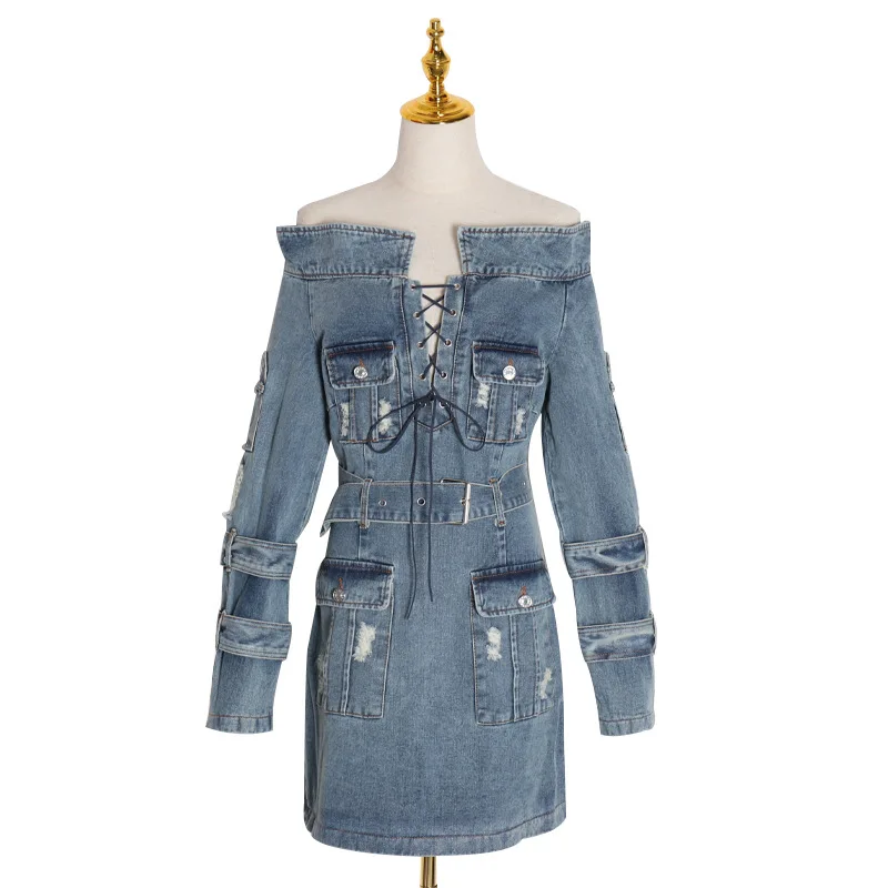 

Fashion sexy Hong Kong flavor early new collar long sleeve stitching slim denim hip dress women