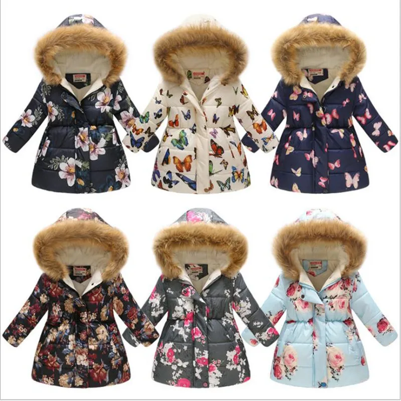 

Children's Clothing Winter Fur Jacket For Girls 3-10 Y Old Warm Hooded Thick Cotton-Padded Long Solid Cartoon leopard print Coat