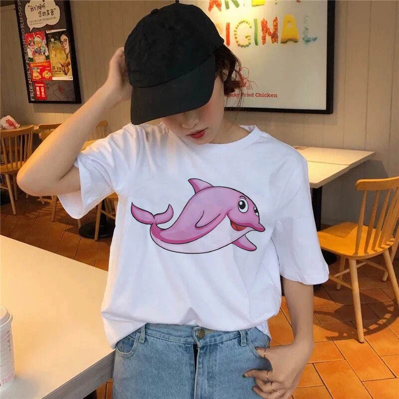 

Summer ladies short-sleeved Harajuku graphic t-shirt Cute Cartoon Dolphin print ladies t-shirt casual funny t-shirt