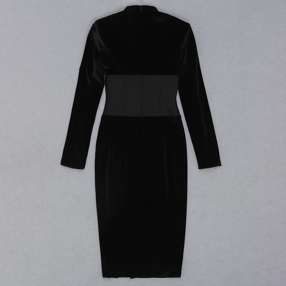 

Women Sexy Designer V Neck Long Sleeve Split Velvet Black Elegant Dress 2021 Elegant Midi Celebrity Bodycon Party Dress Vestido