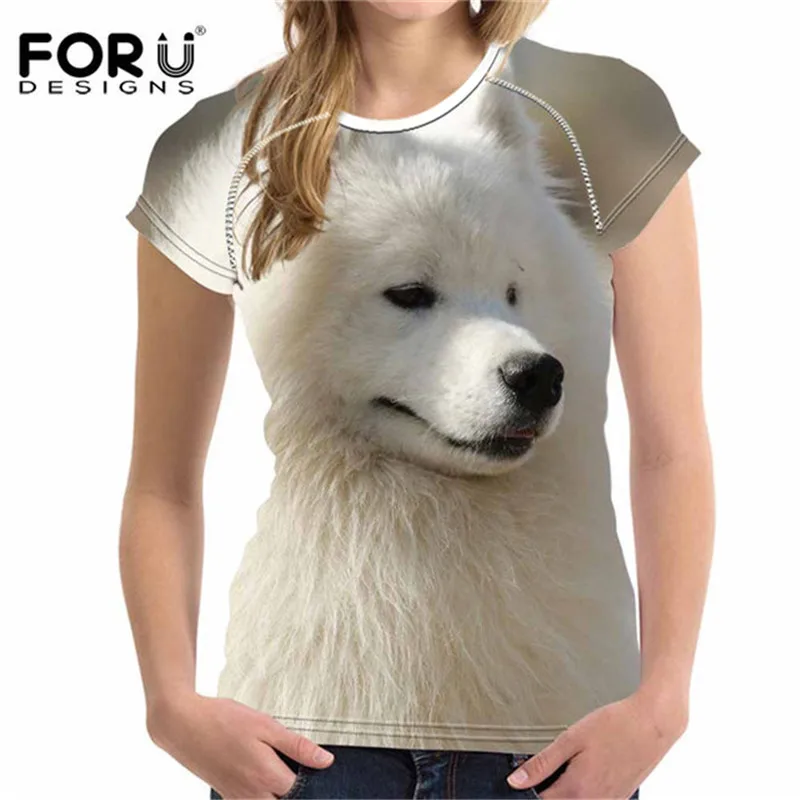

FORUDESIGNS Kawaii Samoyed Puppy Printed T shirt for Women Summer Short Sleeved Female T-shirt for Ladies Femme O Neck Tops Tee