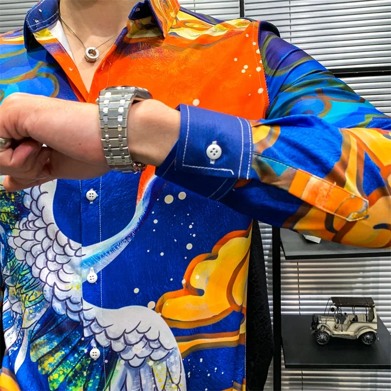 

Shirts Crane Print for Men 2021 Spring Long Sleeve Casual Slim Shirt Streetwear Social Party Nightclub Blouse Camisa Masculina