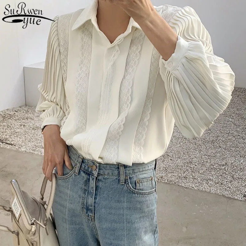 

2021 Spring Fashion New Lace Shirts Lapel Lady's Top Creamy-white Pleated Long Sleeve Blouse Women Elegant Top Female 12637