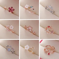 korean exquisite zircon flower ring for women finger colorful butterfly heart shell cuff open bridal wedding luxury jewelry gift