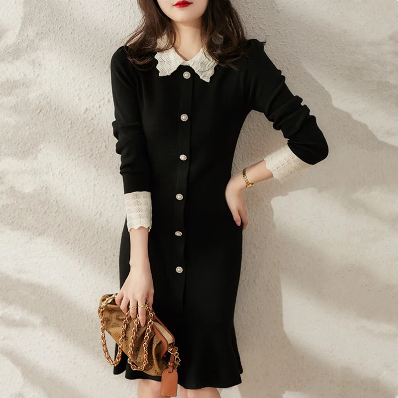 

2021 Sweater Dress Women Knitted Autumn Warm Winter Knit Female Korean Slim Casual Elastic Vestidos Lace OL Lady Dresses SW021