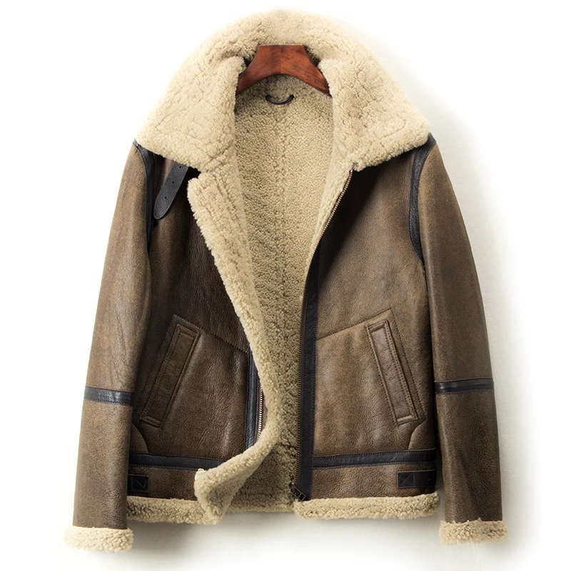 Winter Lambskin Men's Genuine Leather Coat Brown Lapel Motorcycle Sherling Jacket Men M-4XL