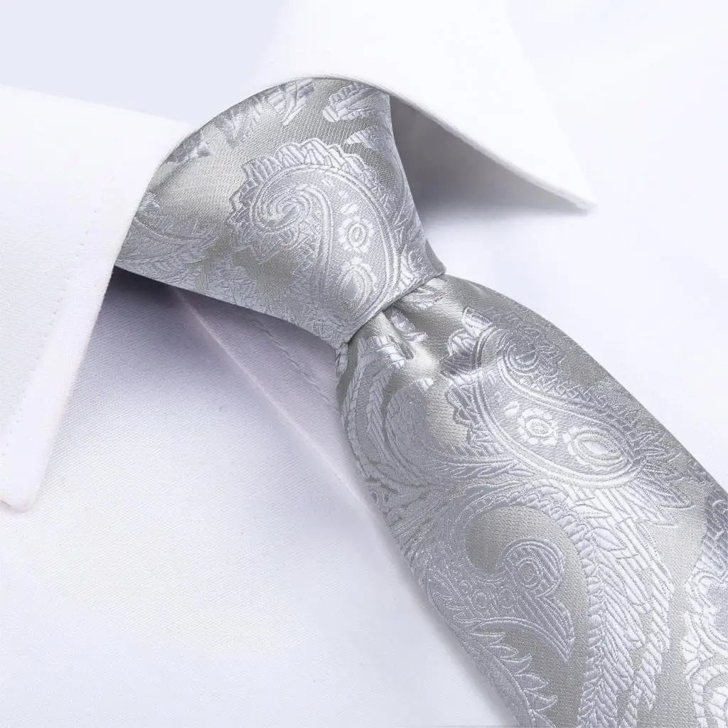 Мужской галстук Серебряный Свадебный Пейсли для мужчин кольцо шелковый набор