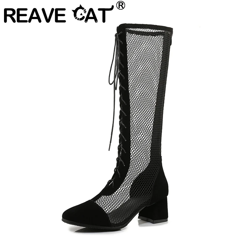 

Женские сапоги на шнуровке REAVE CAT, новые летние сапоги из натуральной кожи с круглым носком и квадратным каблуком 5,5 см, привлекательные сапо...