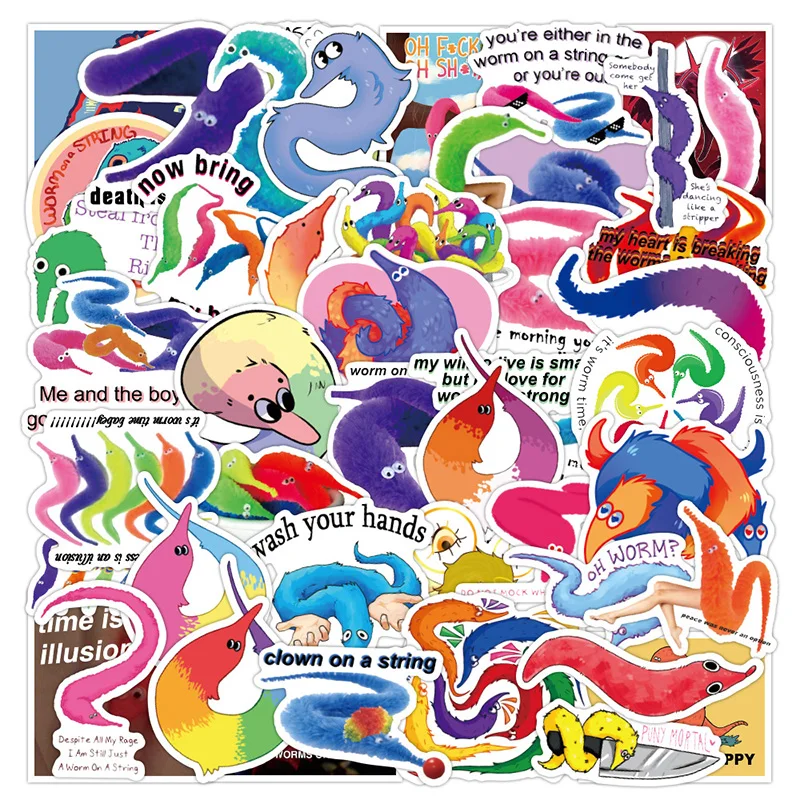 50pcs/set Magic Worm On A String Meme Stickers Cartoon For Skateboard Suitcase Laptop Luggage Guitar Car |