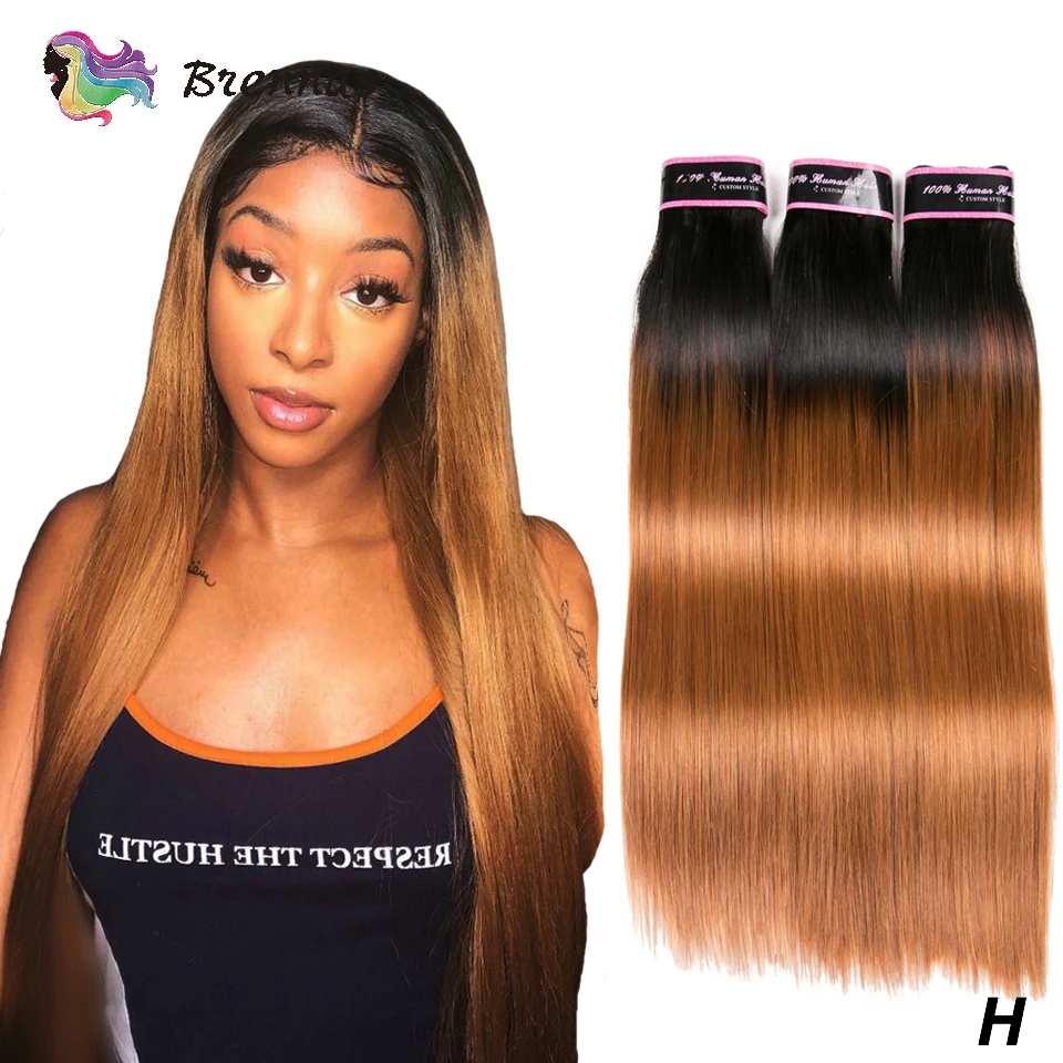 Double drawn Straight Hair Bundles 100% Human Hair weaving Brazilian Hair extension Ombre 1B27 brown color non-Remy high Ratio
