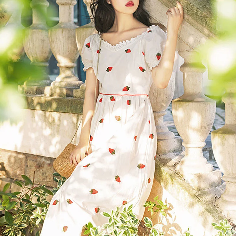 

Beach Sundresses for Women Summer 2021 Sweet French Midi Floral Dress Females Elegant Short Sleeve V-neck Koren Style Lace-up