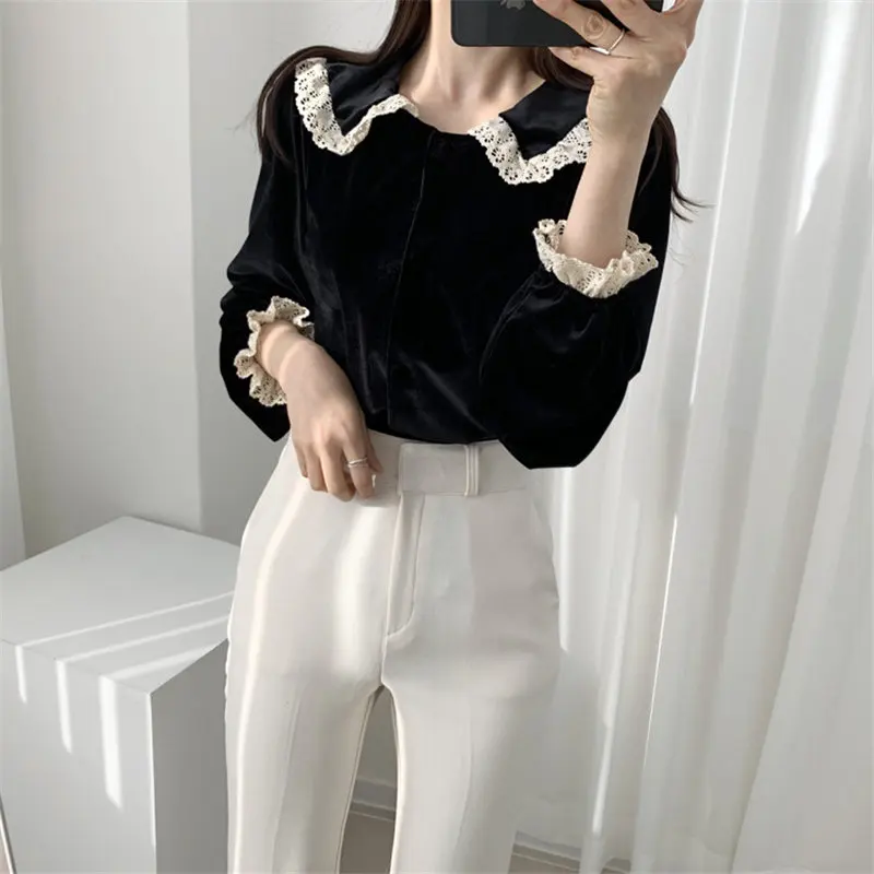 

Spring Women Fashion Chic Velvet Lace Tops Casual Women OL Shirt Women Long Sleeve Loose Blouse Work Shirts Blusas Mujer De Moda