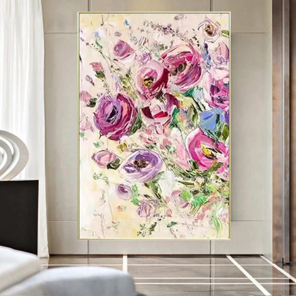 

Hand Painted Abstract Canvas Painting Rose flower Knife Flowers Oil Painting Modern Decor Piece framed Floral Pictures Wall Art