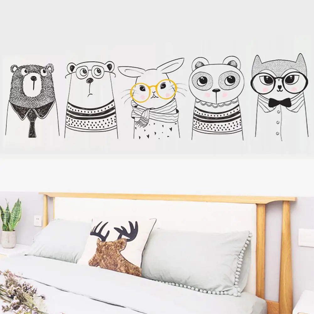 Мультяшные животные настенные наклейки медведь кролик черно белый простой