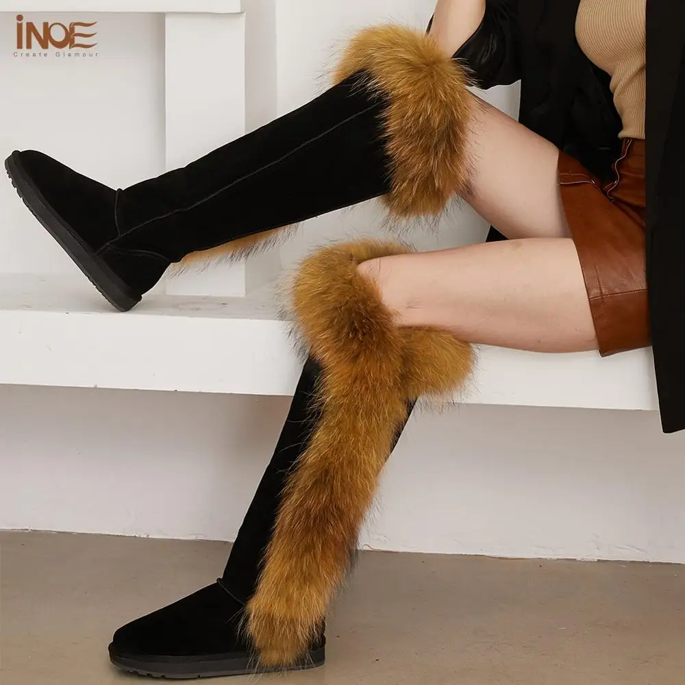 INOE обувь женская Модные роскошные зимные ботфорты с лисьим мехом натуральная