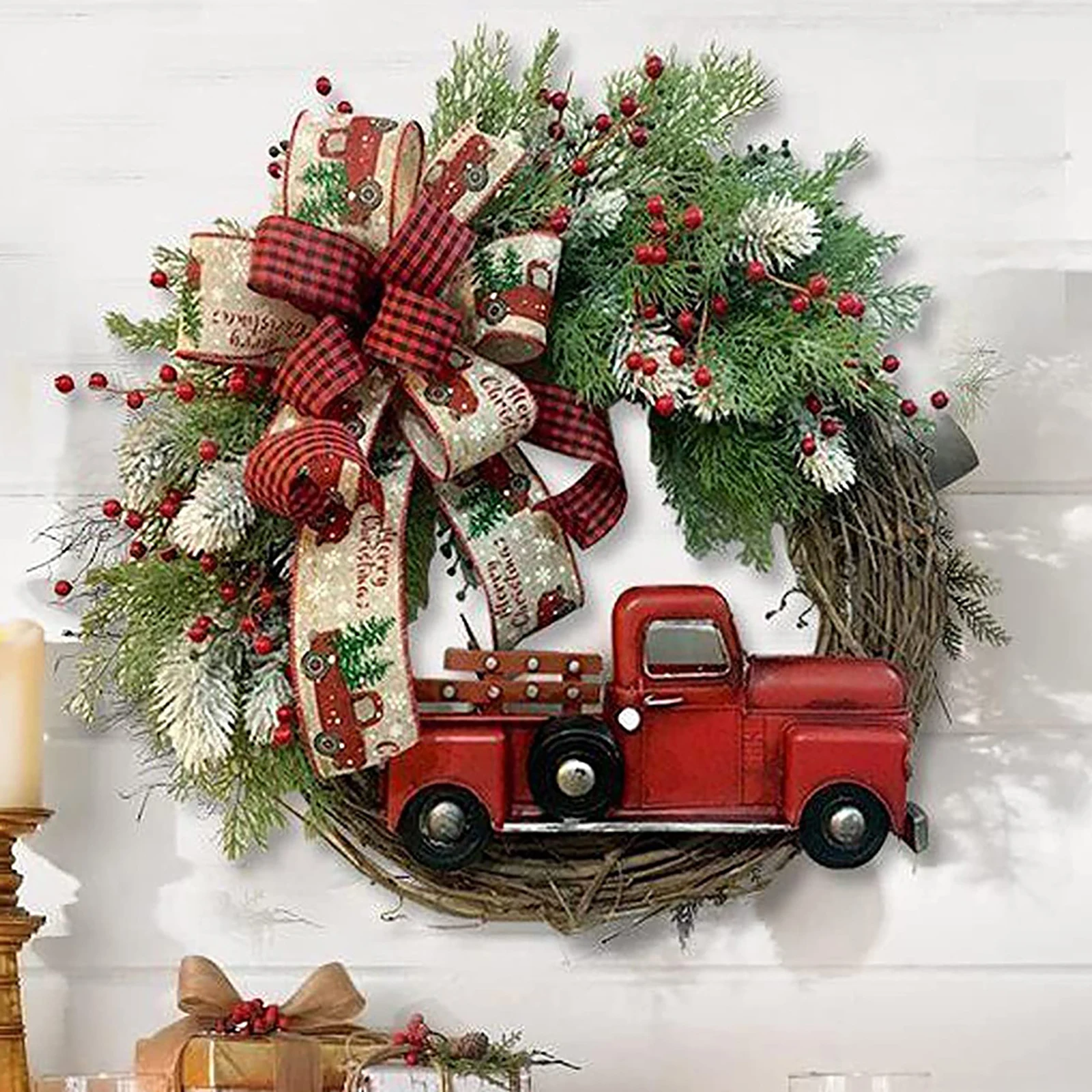 

Christmas Wreath Artificial Pinecone Red Berry Garland Front Door Wall Hanging Ornaments Merry Christmas Decorations Wreath