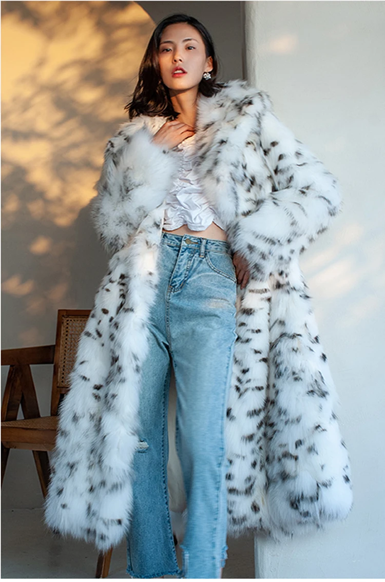 Fake fur coat imitation fox fur coat black spot leopard print suit long European and American plus-size winter warm fur jacket