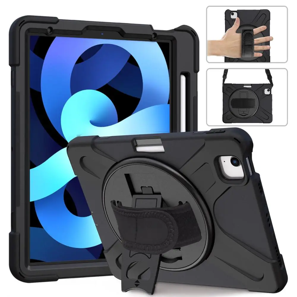 

Heavy DutyTablet Case For New iPad Air 4 10.9'' 2020 Shockproof Soft Silicone Cover with Pencil Holder Hand Strap& Kickstand