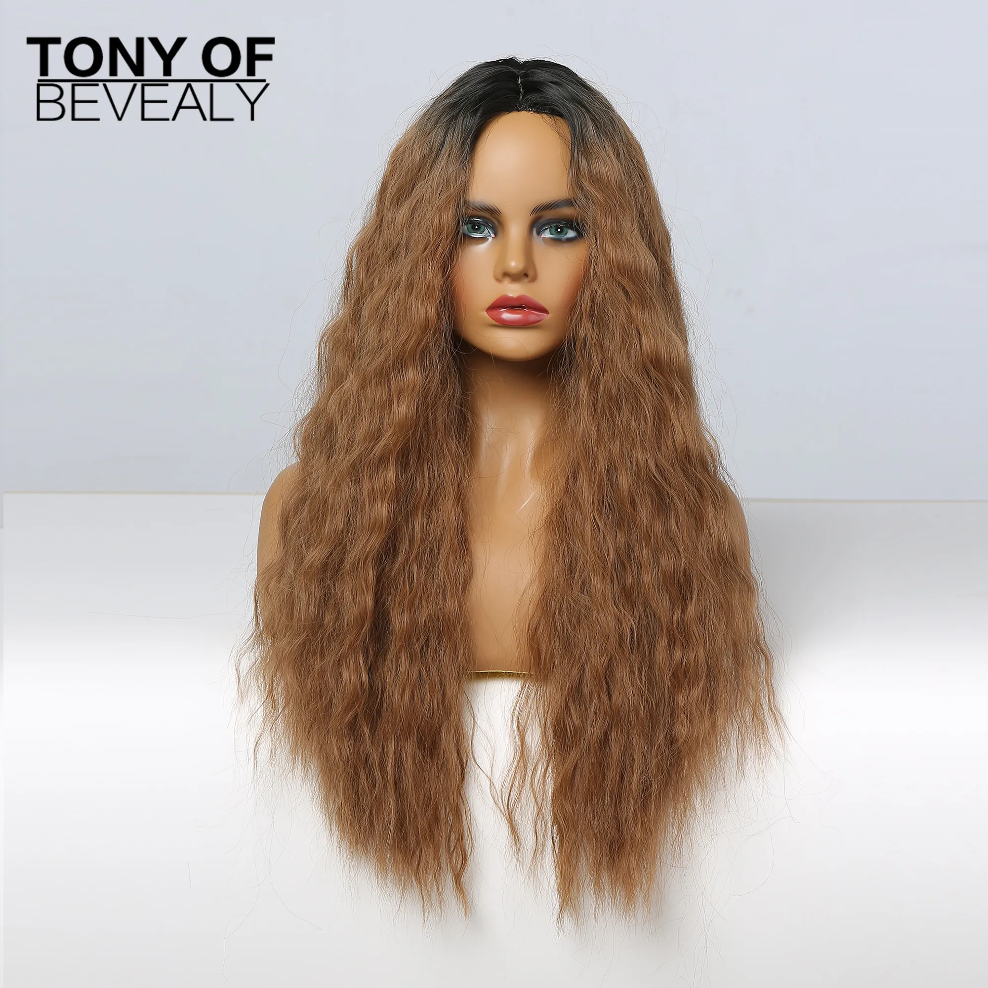 

Long Curly Synthetic Wigs Middle Part Ombre Black Brown Natural Wigs for Black Women Cosplay Daily Hair Heat Resistant Fiber