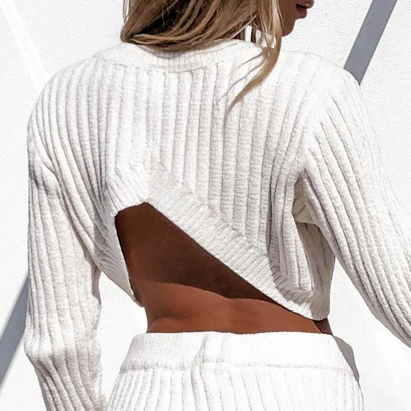 

White Ribbed Sweater Women's Suit Backless Casual O-neck Cropped Tops Female 2021 Autumn Long Sleeve Bodycon Mini Skirt Suits