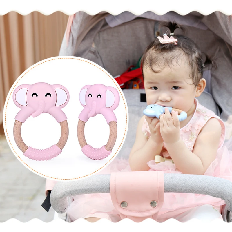 

1pc Baby Teether Silicone Baby Teether Beech Wooden Ring Hand Teething Rattles Musical Chew Play Gym Montessori Stroller