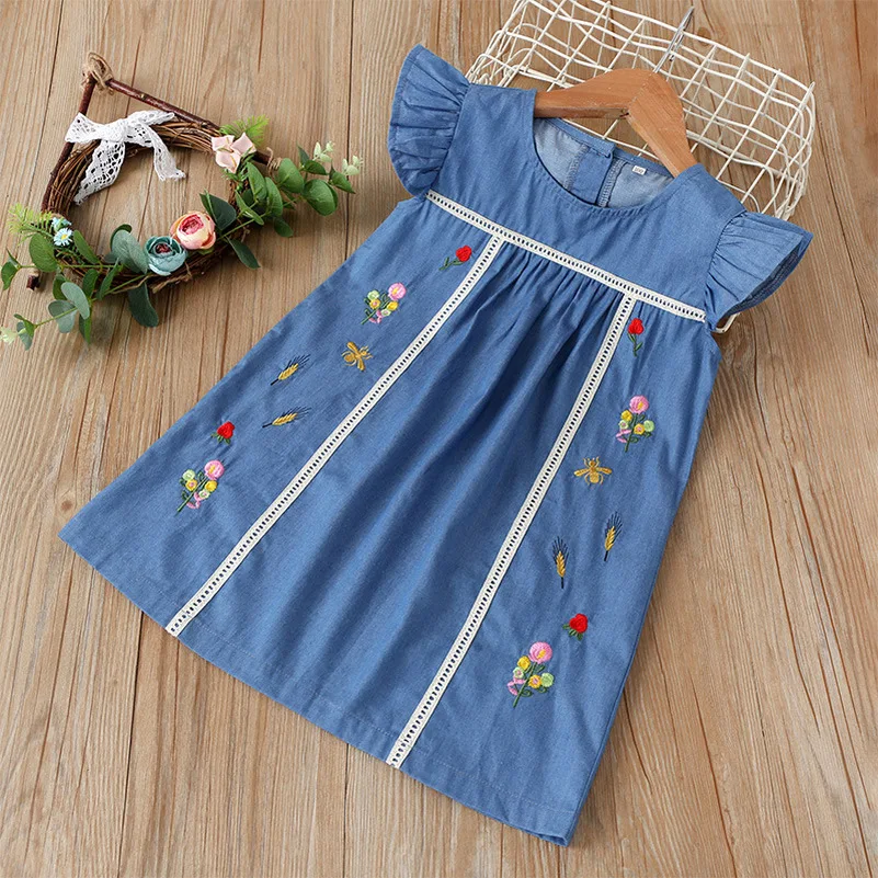 

Pretty Loose Baby Girls Denim Dresses Kids Clothes Flying Sleeve Birthday Party Princess Floral Summer Dress for Toddler Child