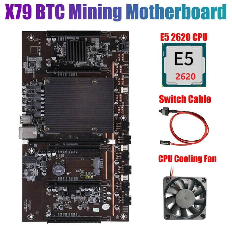

BTCX79 H61 Mining Motherboard With E5 2620 CPU+Fan+Switch Cable DDR3 Support 3060 3070 3080 Graphics Card For BTC Miner