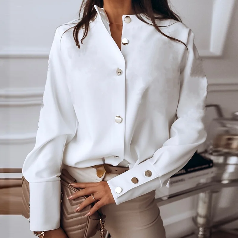 

Женская винтажная блузка на пуговицах, однобортная офисная рубашка с длинным рукавом и воротником-стойкой, с принтом, Осень-зима 2021