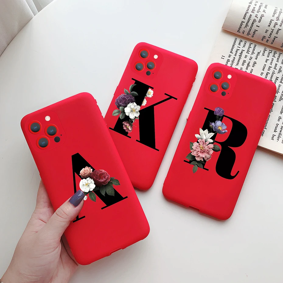 Custom Name Monogram Initial Letter Silicone Phone Case For iPhone 11 Pro 12 Pro Max X XR XS Max Red Flower Soft TPU Back Cover