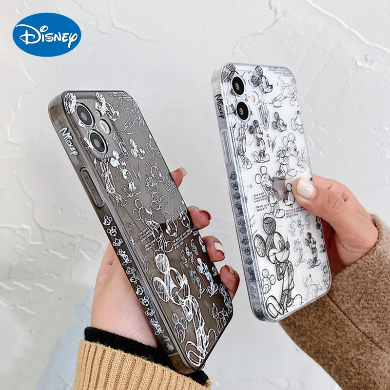 

2021 DISNEY Sketch Mickey Case for iPhone 11 12 Pro XS Max Transparent Soft Phone Case for iPhone X XR 7 8 Plus Full Cover Funda