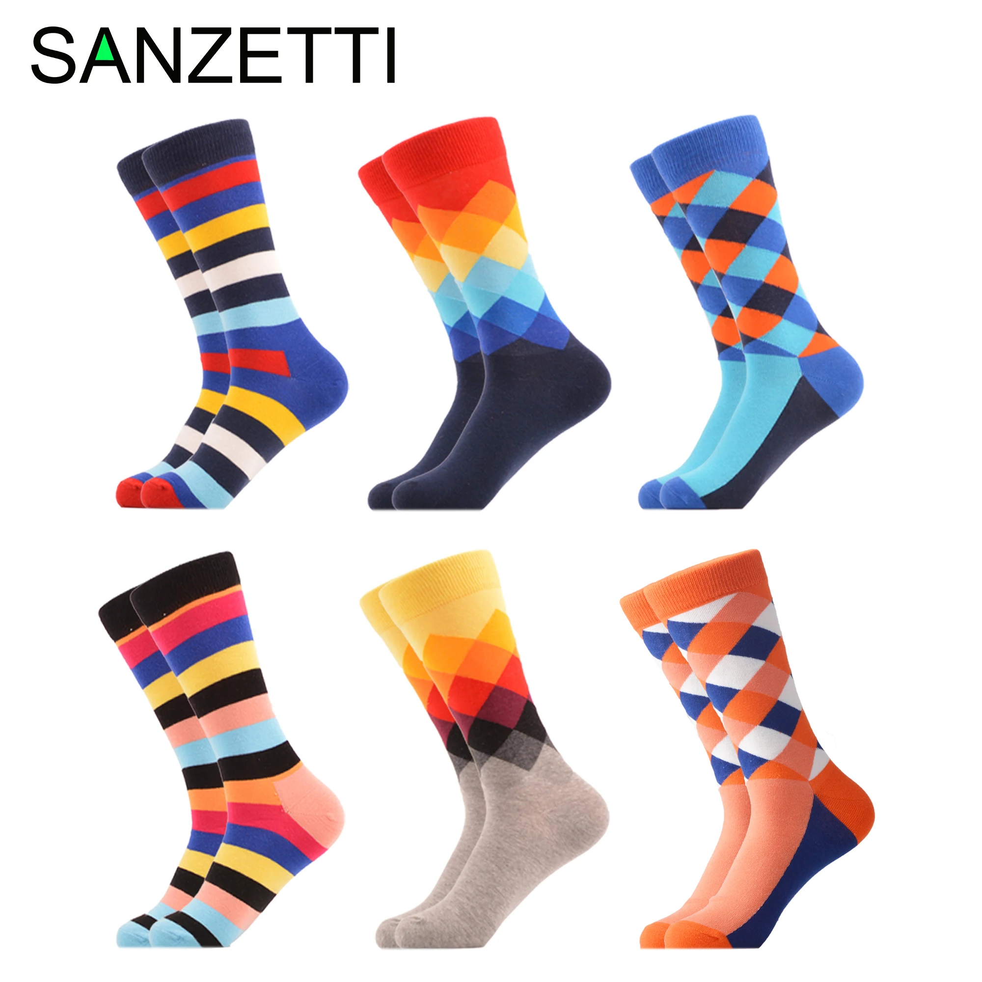 SANZETTI 6 пар/лот мужские Новые повседневные чесаные хлопковые носки полосатые мягкие клетчатые платья Удобные свадебные подарочные креативные носки