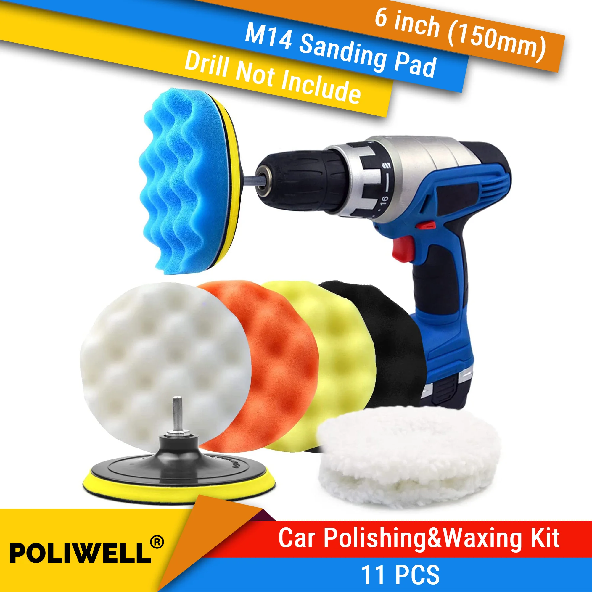11PCS 6 Inch Car Polishing & Buffing Sponge Pads Kit Wool Bonnet Pads with 8mm M14 Drill Adapter for Car Washing Cleaning Waxing