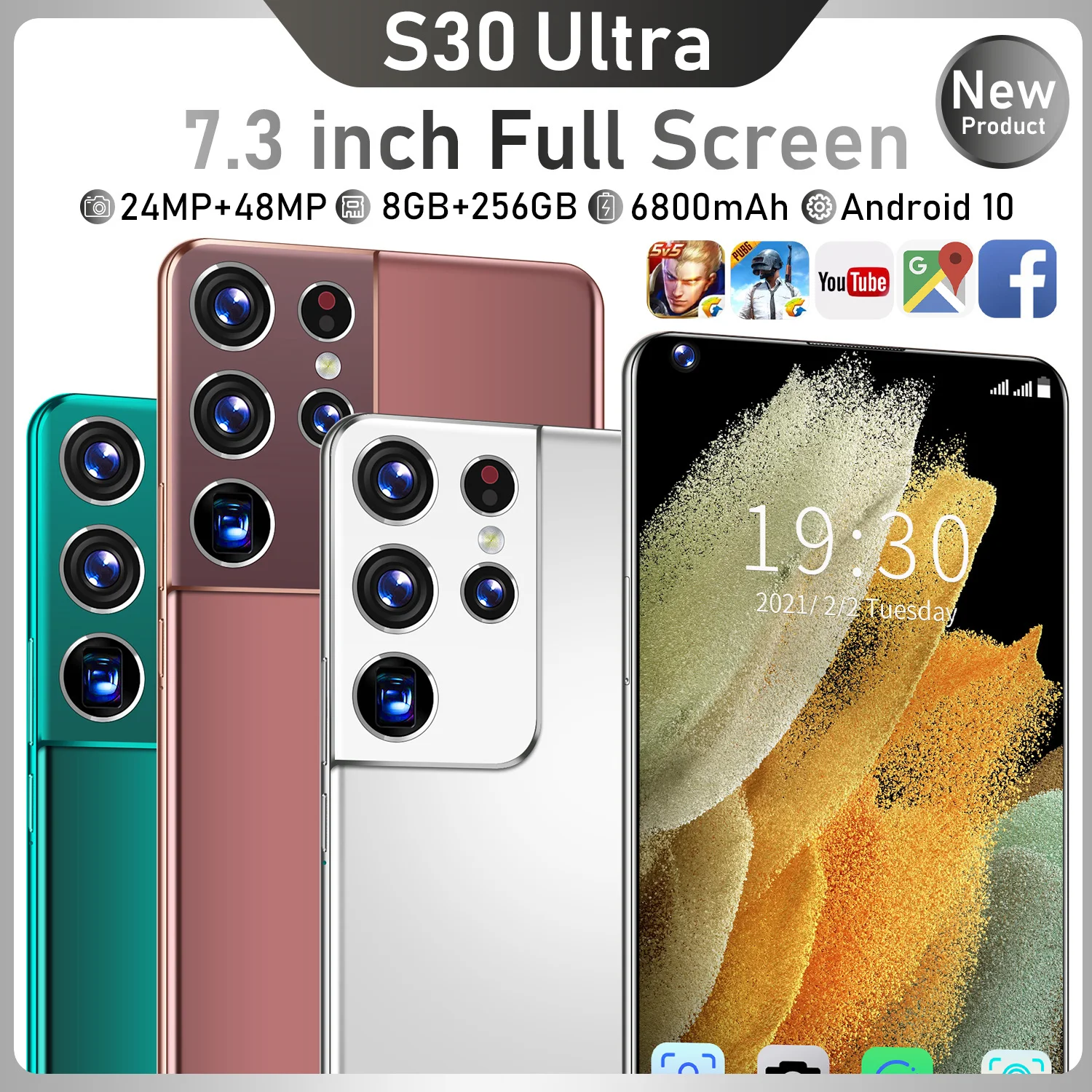

Galxy S30 Ultra 7.3Inch Full Screen 8+256GB 10 Core Mobile Phone 24+48MP Global Version Fingerprint ID Smartphnes Andriod 10 New