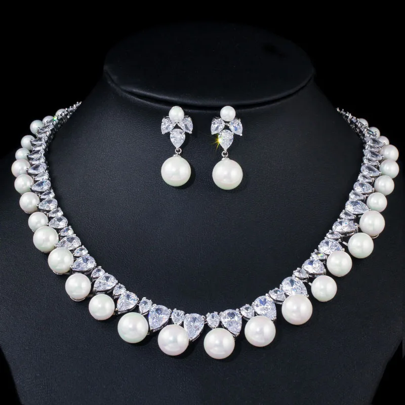 white CWWZircons Искрящийся фианит вымощенный круглый большое свадебное Жемчужное ожерелье серьги-гвоздики наборы для женщин вечерние T366 - Окраска металла: white