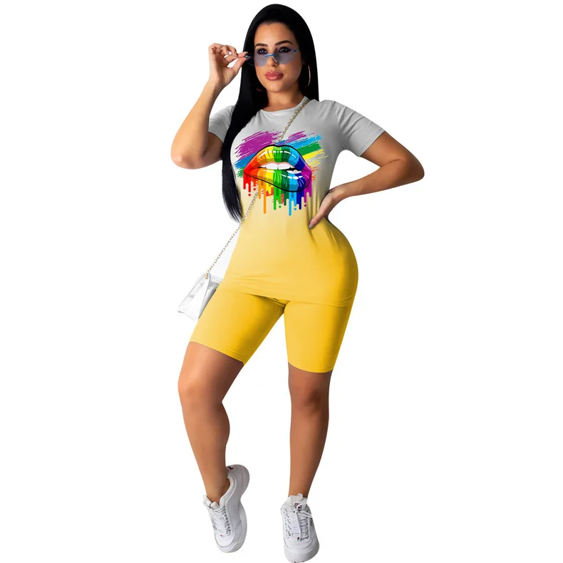 

Brand New Women Colorful Lips Printed Short Sleeve T-shirt High Waist Shorts Summer Tie Dyeing Print Tracksuit 2PCS Clothes Set