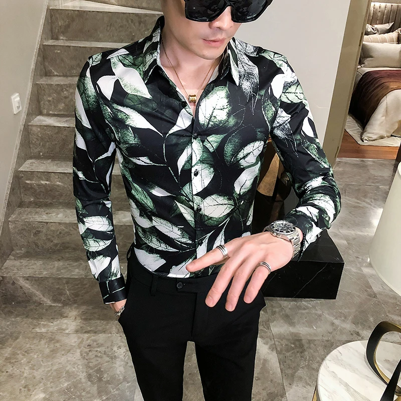 

2021 Spring Men Shirts Leaves Print Long Sleeve Shirt Business Casual Dress Shirt Slim Social Party Clothes Tops Chemise Homme