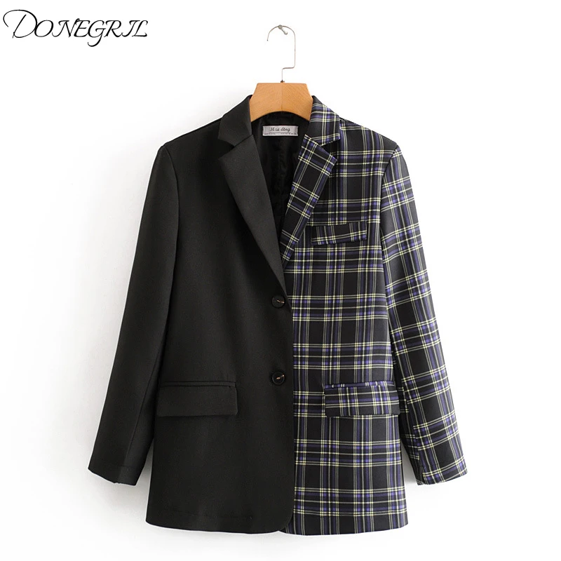 Женский винтажный блейзер в клетку Серый Повседневный свободный стиле пэчворк с