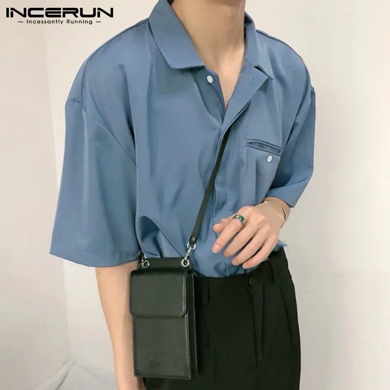 

Men Shirt Brand Solid Color Streetwear Lapel Short Sleeve Button Korean Style Tops 2021 Pockets Loose Casual Camisas 5XL INCERUN