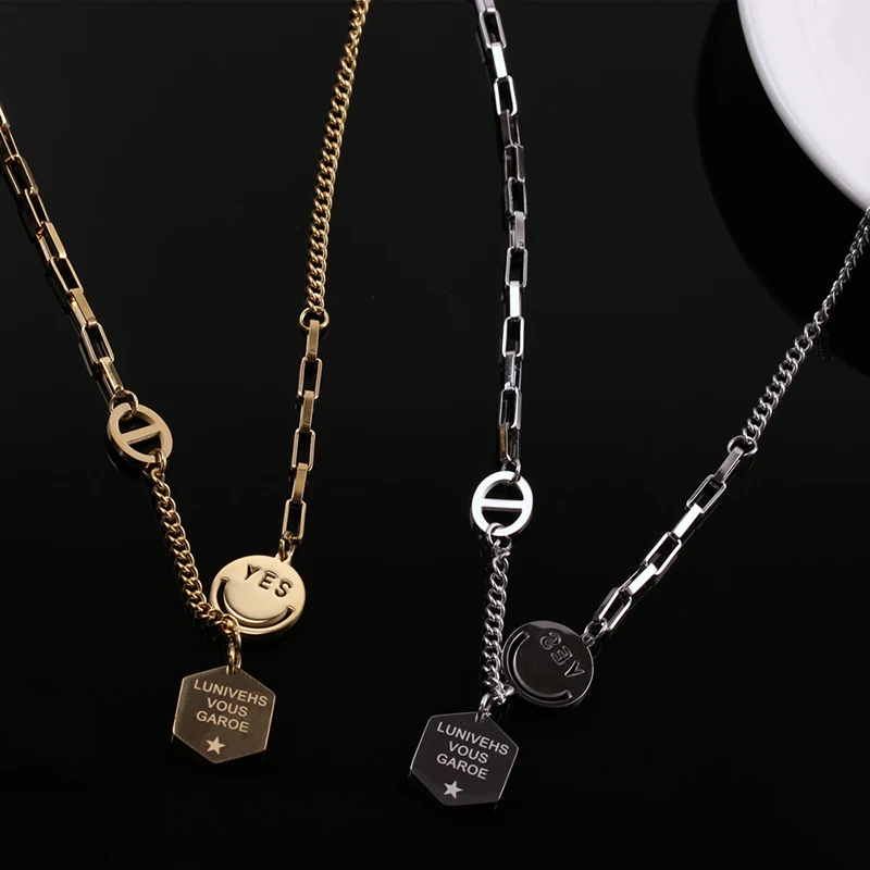 

MEYRROYU Stainless Steel Double D Smiling Letter Tag Necklace For Women Choke 2021 Trendy Party Fashion Jewelry collier femme