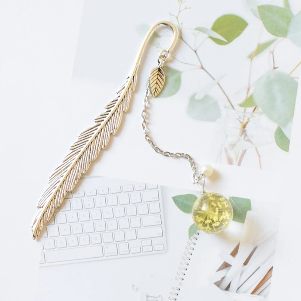 1Pc Flower Specimens Crystal Pendant Ball Bookmarks Feather shape Metal Tassel Vintage Book Mark School Office Supply | Канцтовары для