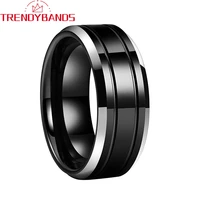 tungsten carbide ring for men women 8mm black two grooved polished shiny beveled edges comfort fit