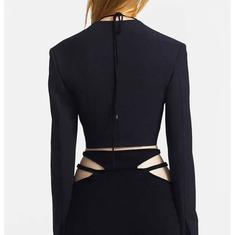 

VGH Black Lace Up Bowknot Coat For Women Square Collar Long Sleeve Patchwork Zipper Korean Short Coats Female 2021 Fashion Style