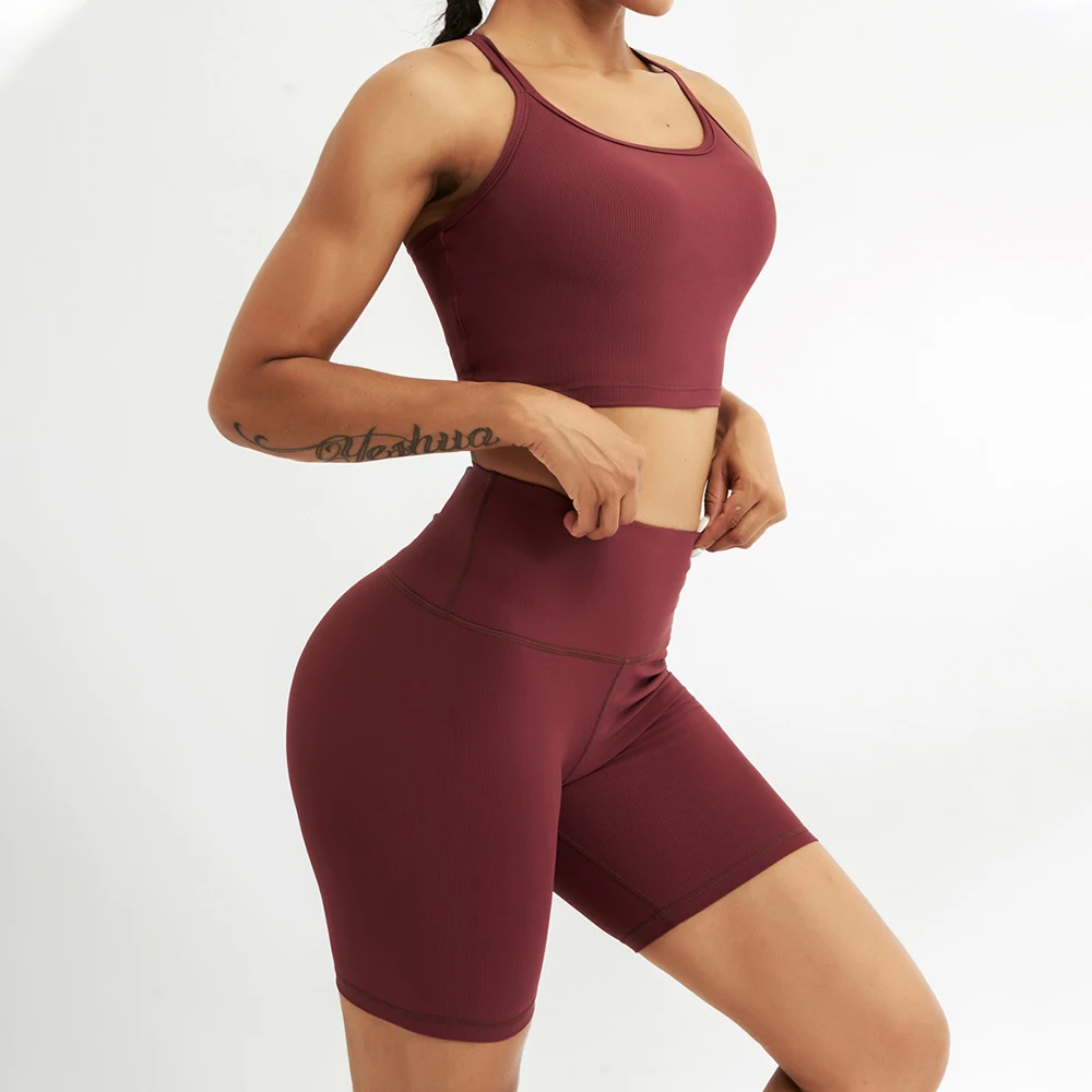 

Комплект для йоги в полоску из 2 предметов, женская одежда для тренировок, спортивный бюстгальтер и шорты с высокой талией для подтяжки беде...