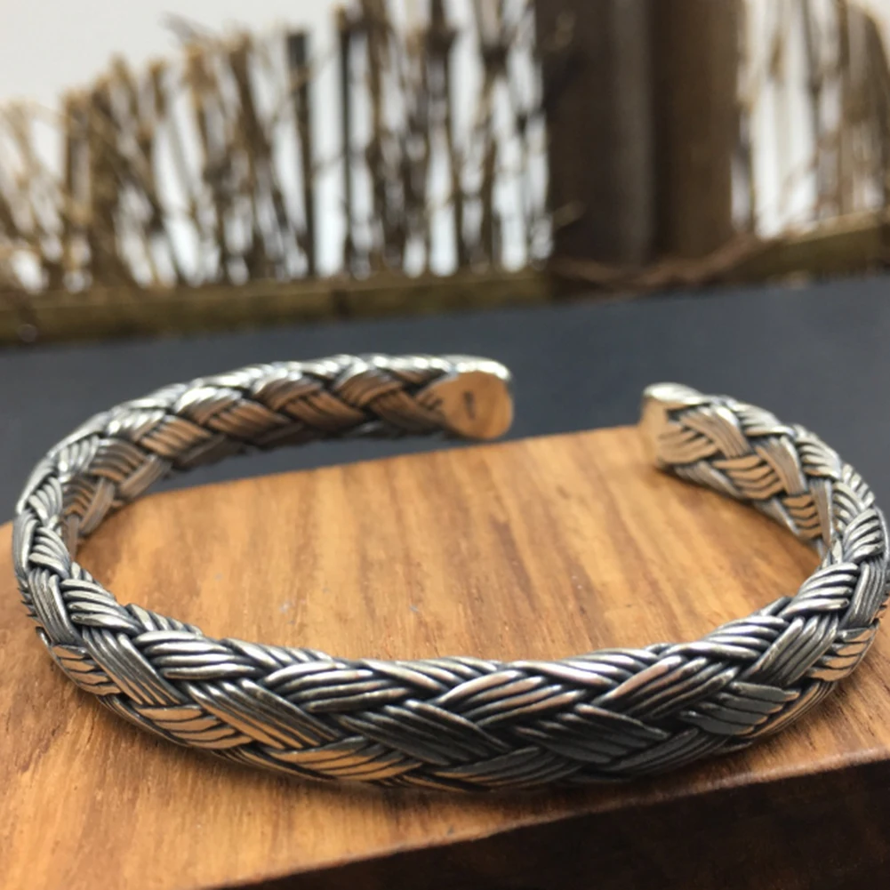 

Jade Angel Solid 925 Sterling Silver Braided Bangle Thai Silver Shifting Good Luck Handmade Bracelet for Man