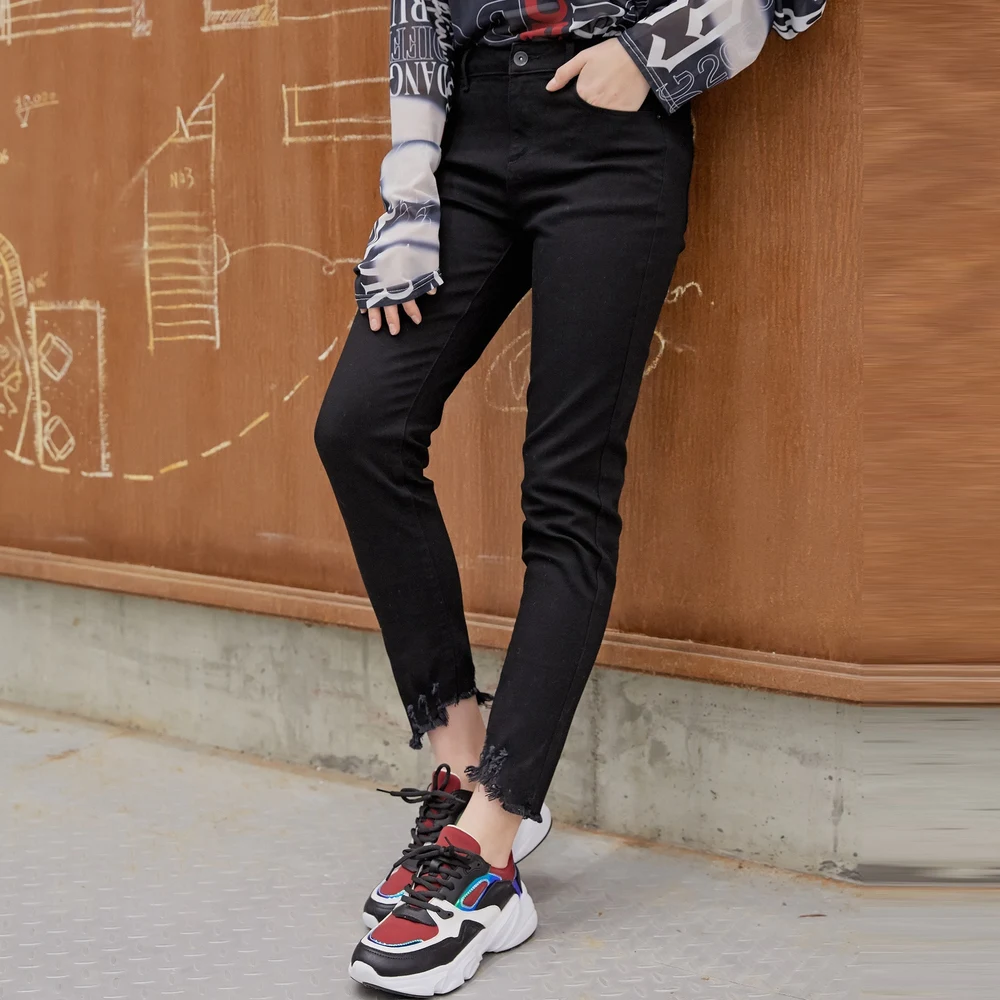 Женские джинсы Metersbonwe синие карандаш длиной до середины икры Стрейчевые высокого