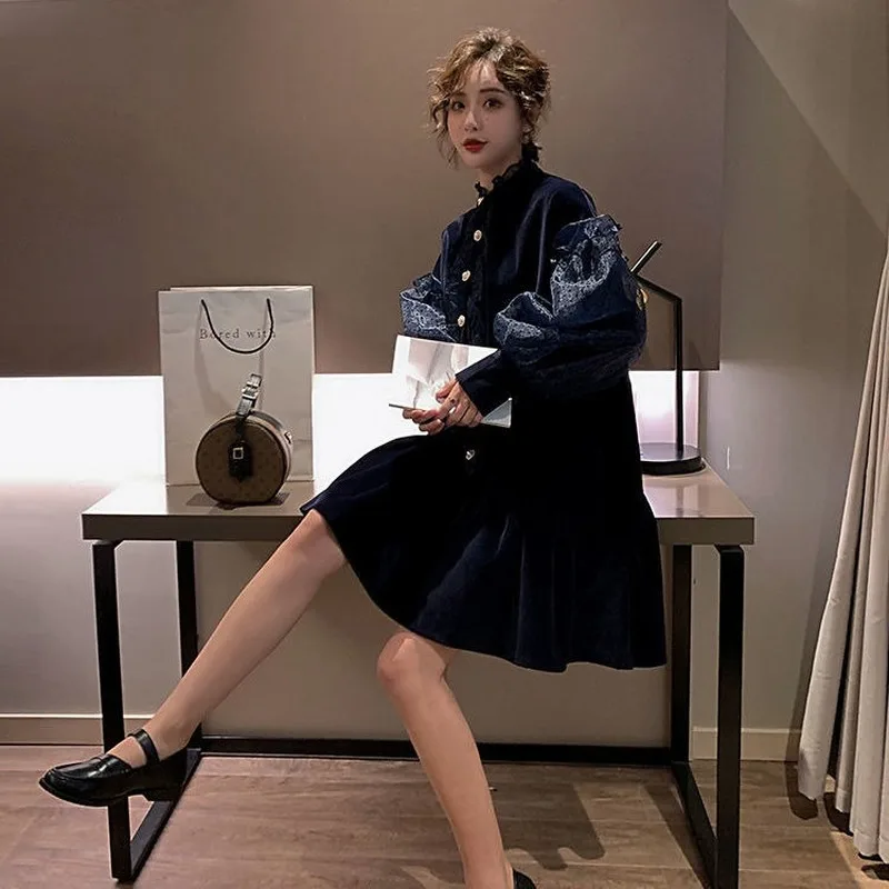 Винтажное бархатное платье блейзер женское корейское мини с пышными рукавами